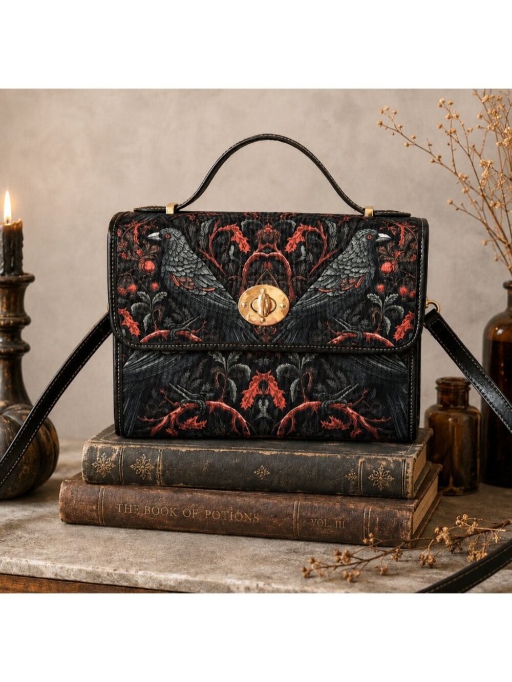 Gothic Witchy Crow Crossbody Bag Wicca Fabric Faux Leather Black Red
